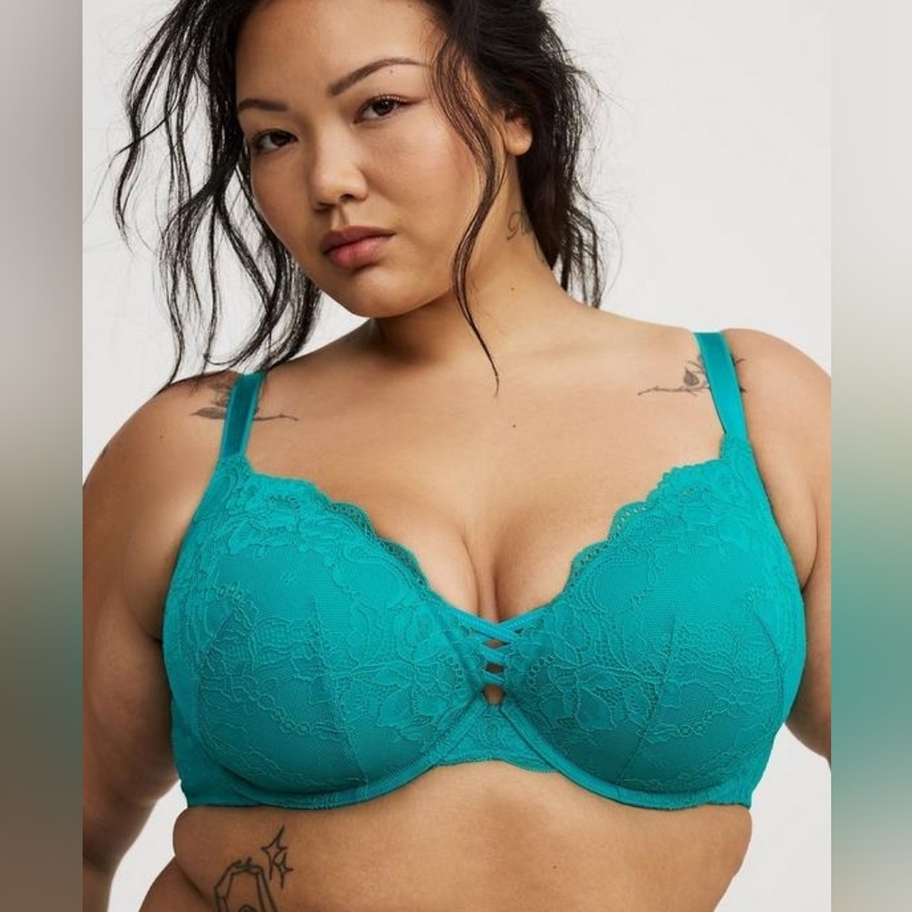 38F Torrid Teal XO Plunge Push-Up Chelsea Lace Straight Back Bra